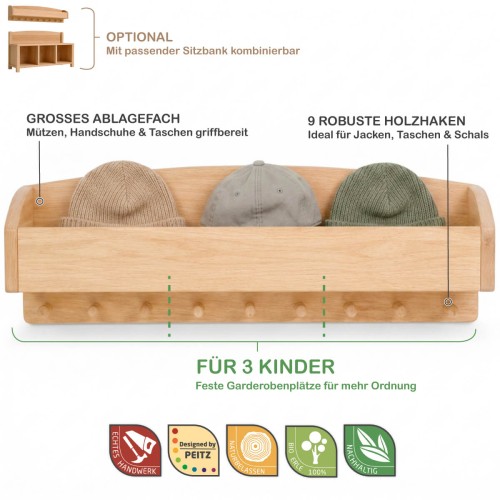Große Kindergarderobe VERONA aus Erlenholz mit Feature-Infografik und original Holzspielzeug Peitz Gütesiegeln Handwerk, Natur, Nachhaltigkeit.